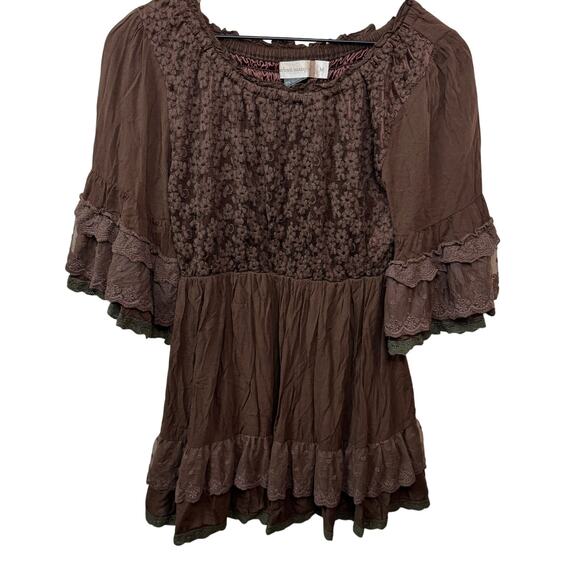 Urban Mango Tops - URBAN MANGO Peasant Top Womens M Brown Lace Fairy Goth Whimsigoth Fairycore